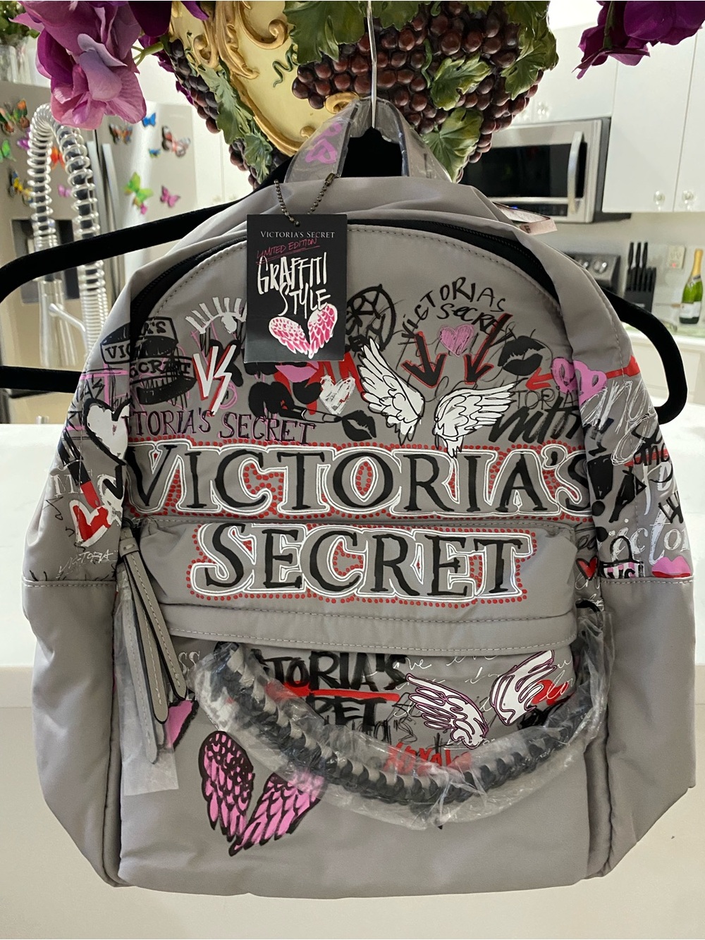 Victoria's Secret Gray Backpack with Pink Graffiti Accents